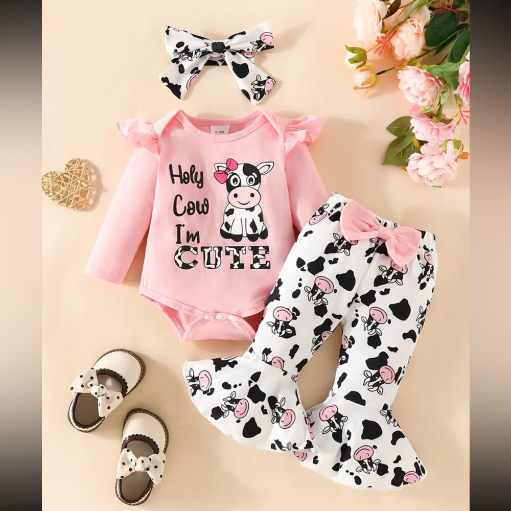 Cute Pink Cow Print Baby Outfit Set
